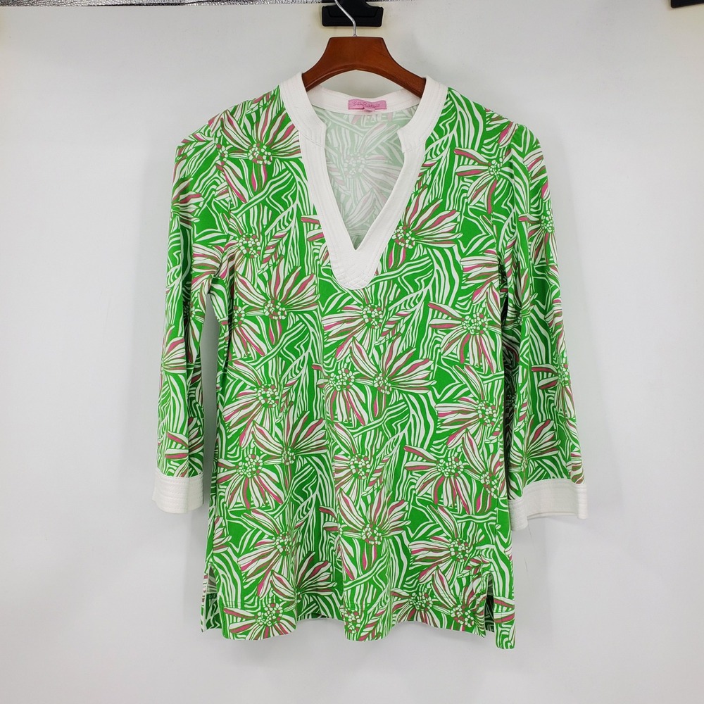 Lilly Pulitzer Renato Green Pink Floral Knit Tunic Top Shirt 3/4 Sleeve Small